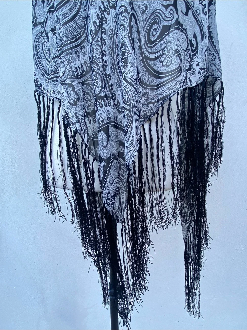 Whimsy Boho 100% Silk Black & White Fringe Triangle Shawl Scarf